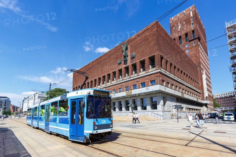 Tram Tram public transport at the city hall in Oslo