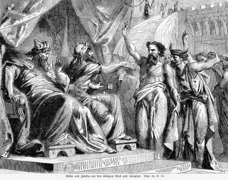 Micah and Zidekiah in front of the kings Ahab and Jehoshaphat