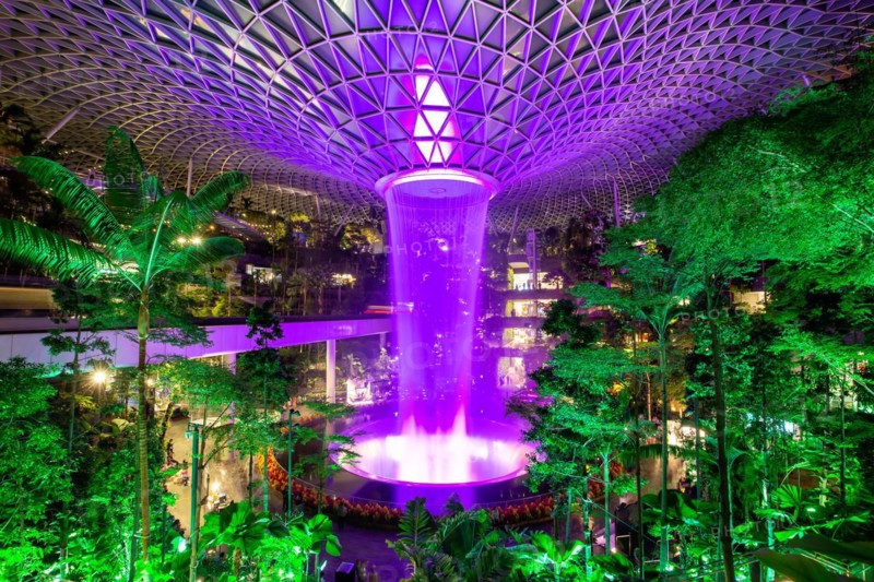 Waterfall at the Jewel Changi Airport shopping centre at the airport in Singapore