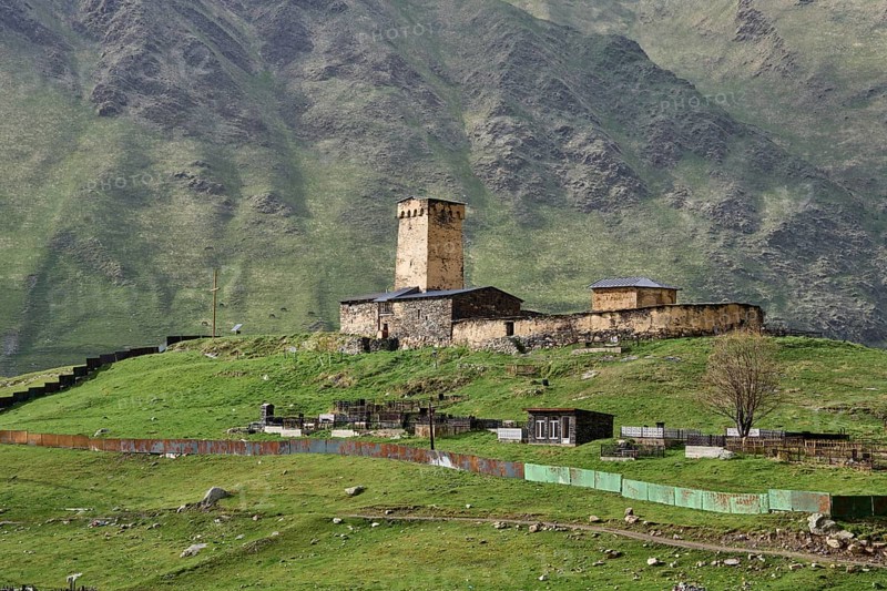 Lamaria Church against a mountain backdrop