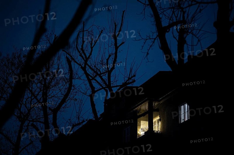 Christmas lights stand out in a window behind bare trees in Berlin