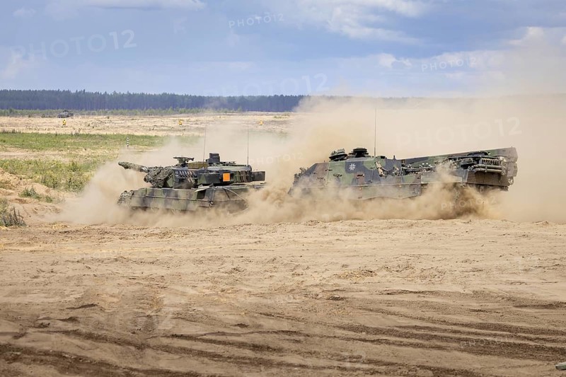 A The Bergepanzer Bueffel or armoured recovery vehicle 3 during the recovery of a Leopard 2A6 tank during exercise GRIFFIN STORM in Pabrade. Pabrade