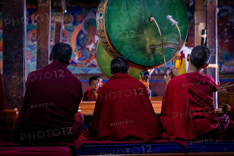 Young monks with a drum at Thikse Monastery