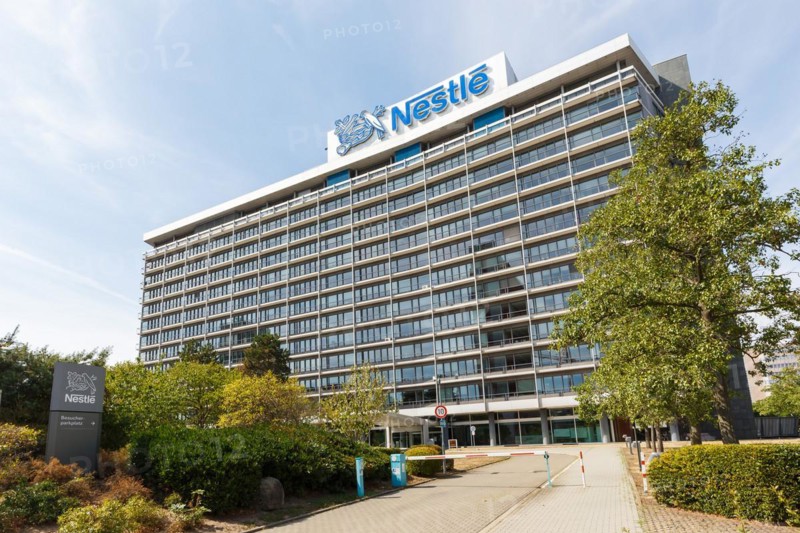 German headquarters of the food company Nestle with logo in Frankfurt-Niederrad