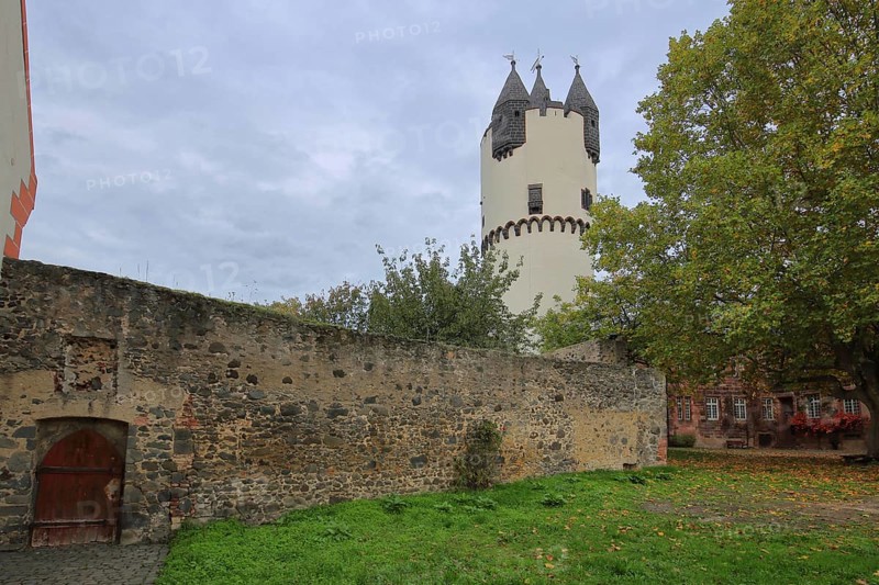Castle with tower keep and city wall in autumn