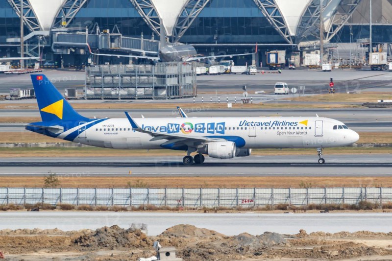 A Vietravel Airlines Airbus A321 aircraft with registration number VN-A278 and Nova World special livery at Bangkok Suvarnabhumi Airport