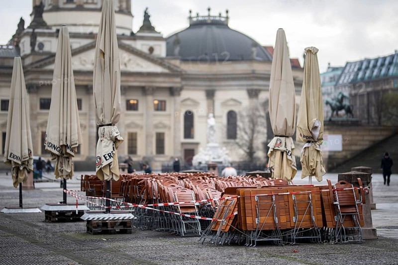 Assembled furniture for catering stands cordoned off at the Gendarmenmarkt in Berlin