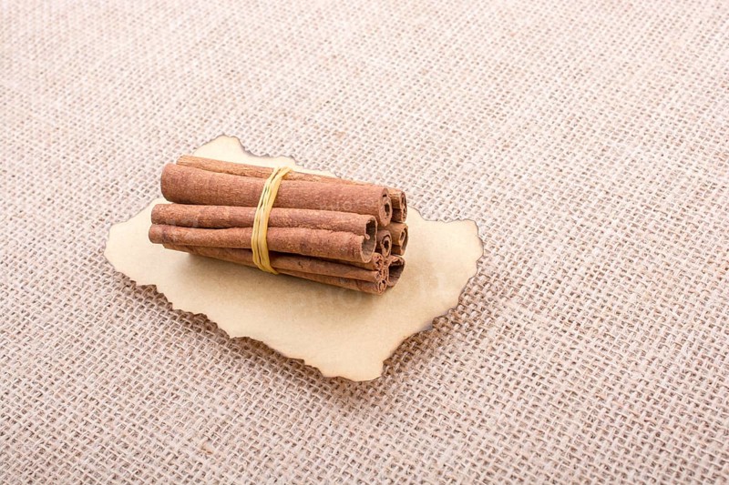 Bundle of cinnamon sticks on a linen canvas background