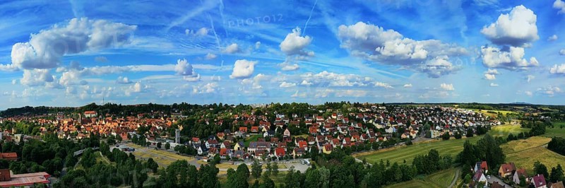 Aerial view of Feuchtwangen with a view of the historic centre of the old town. Feuchtwangen