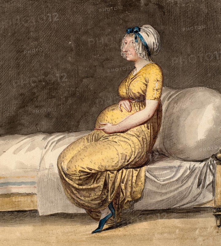 Caricature of a Pregnant Woman Sitting on the Edge of a Bed