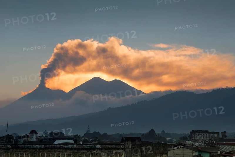 Fuego volcano with cloud of smoke and ash