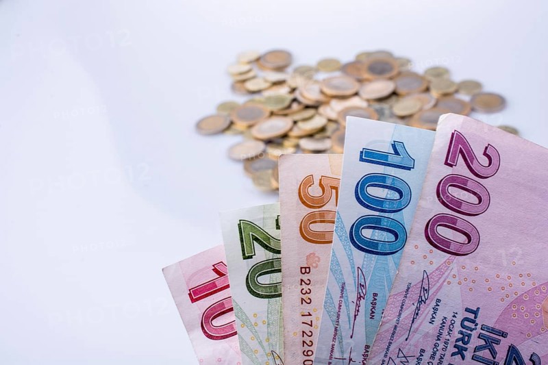 Turkish Lira coins and banknotes side by side on white background