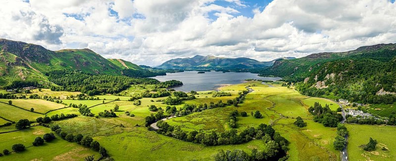 Panorama over Derwent Water from a drone
