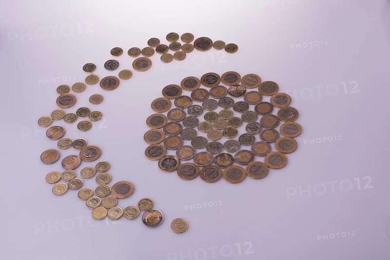 Turkish Lira coins shape a crescent round a circle object on white background