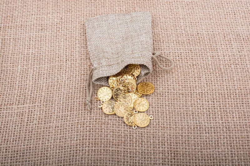 Fake gold coins out of a little sack on canvas