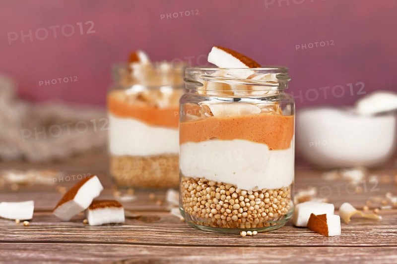 Layered breakfast or dessert with puffed quinoa grains