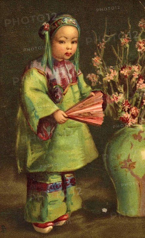 Chinese Girl with a Fan Standing Next to a Large Vase of Flowers