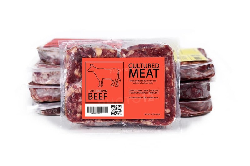 Cultured meat concept for artificial in lab grown vitro cell culture beef meat production with frozen packed raw meat with label on white background