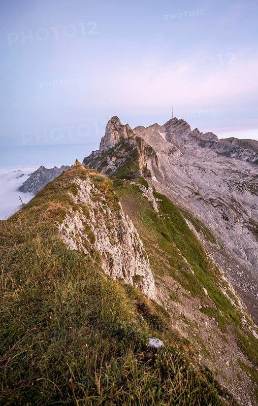View of the summit of Saentis and Lisengrat at sunrise
