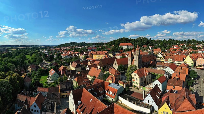 Aerial view of Feuchtwangen with a view of the historic centre of the old town. Feuchtwangen