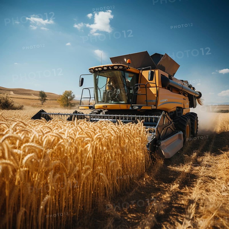 A combine harvester cuts the grain in a field