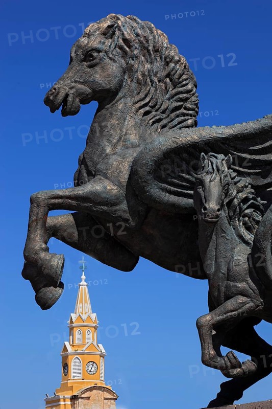 Puerta del Reloj Tower and Horse Statue Monumento a los Pagasos
