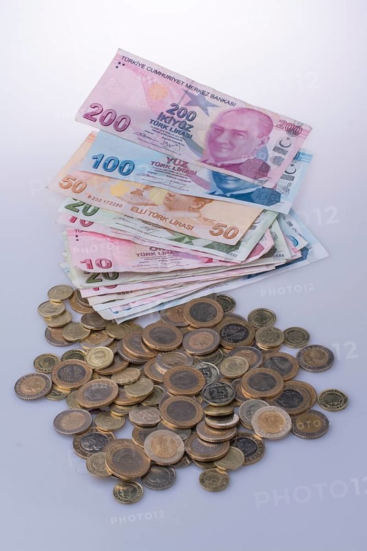 Turkish Lira coins and banknotes side by side on white background