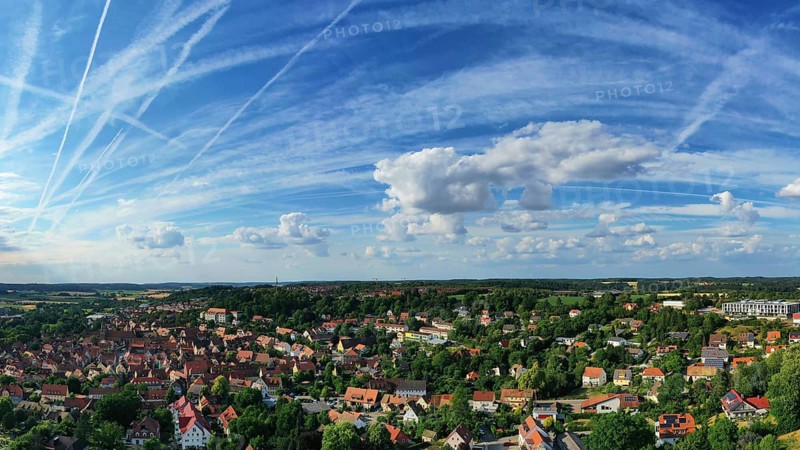 Aerial view of Feuchtwangen with a view of the historic centre of the old town. Feuchtwangen