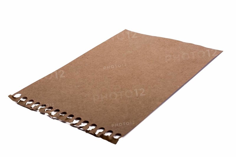 Sheet of brown torn notepaper on a white background