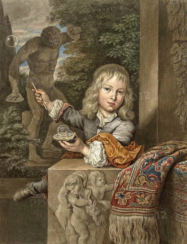 Boy blowing and playing soap bubbles
