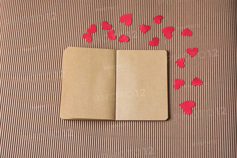 Paper hearts around notebook on cardboard
