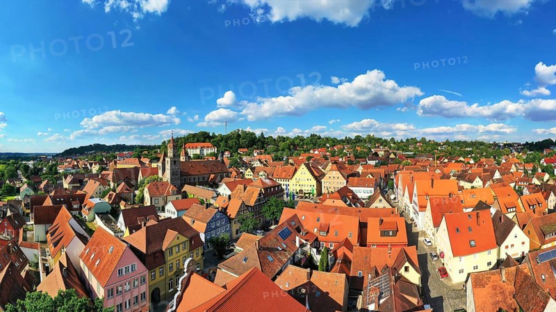 Aerial view of Feuchtwangen with a view of the historic centre of the old town. Feuchtwangen