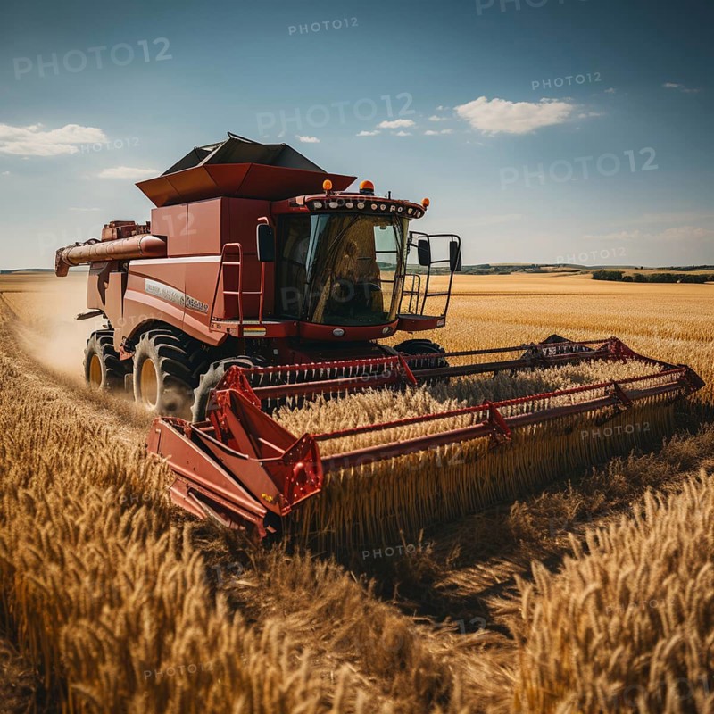 A combine harvester cuts the grain in a field