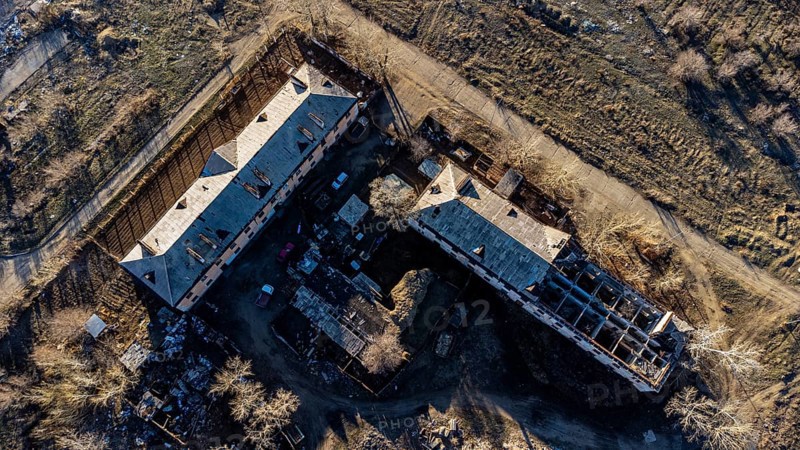 Aerial of collapsed buildings in Kurchatov