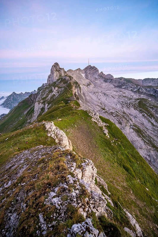 View of the summit of Saentis and Lisengrat at sunrise