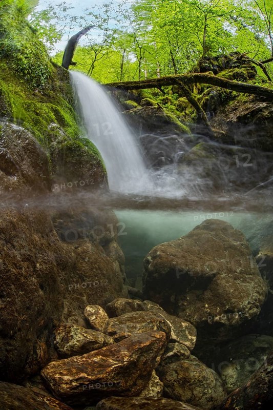 Underwater photograph of a waterfall in the UNESCO World Heritage Beech Forest in the Limestone Alps National Park