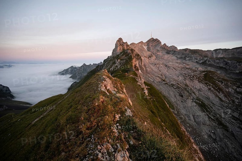 View of the summit of Saentis and Lisengrat at sunrise