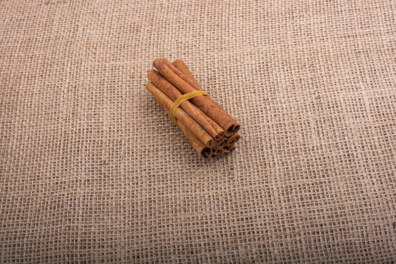 Bundle of cinnamon sticks on a linen canvas background