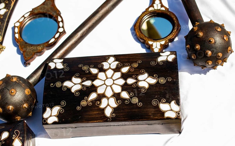 Ancient style wooden treasure chest with mother of pearl inlay