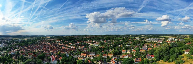 Aerial view of Feuchtwangen with a view of the historic centre of the old town. Feuchtwangen