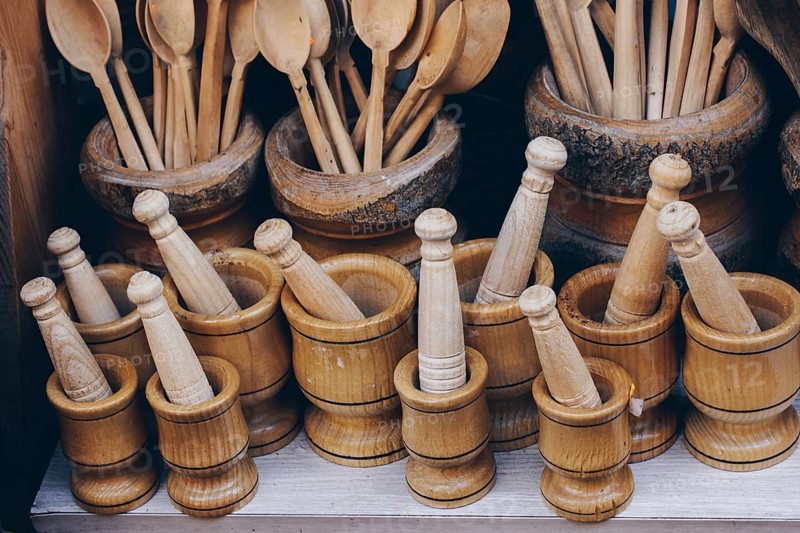 Wooden mortars and pestles as a traditional kitchenware