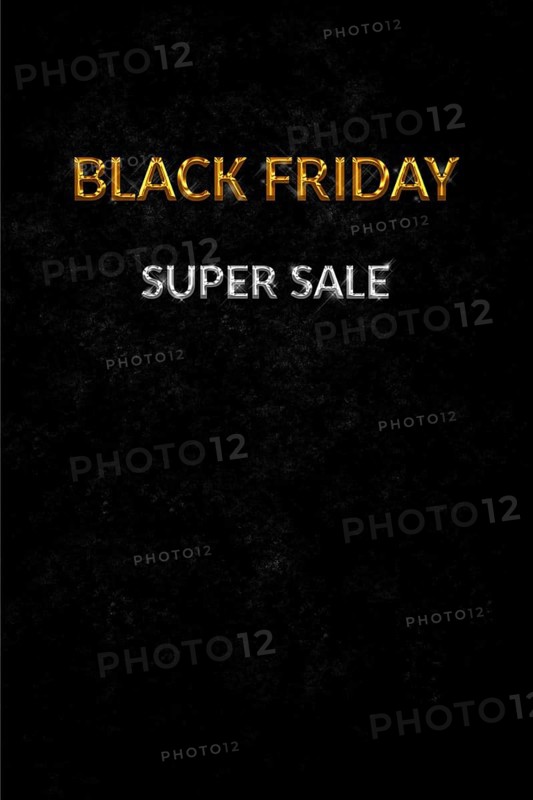 Black Friday Super Sale. Luxury dark textured background silver and golden text lettering. Vertical banner