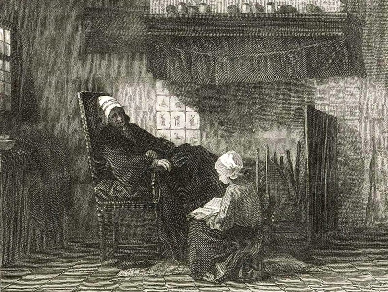 Old woman in an armchair in front of a fireplace