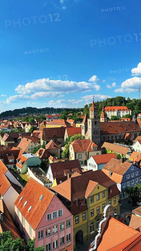 Aerial view of Feuchtwangen with a view of the historic centre of the old town. Feuchtwangen