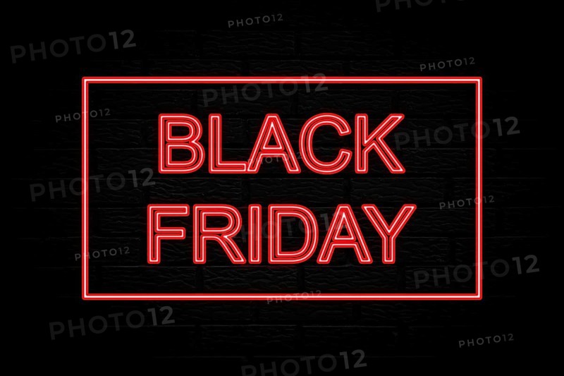 Black friday. 3d lettering. Neon lights on black brick background