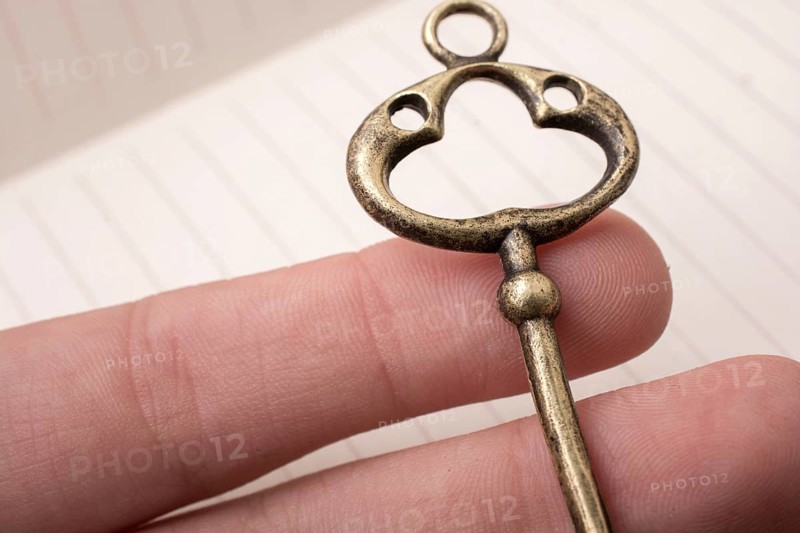 Hand holding a retro styled golden color decorative key