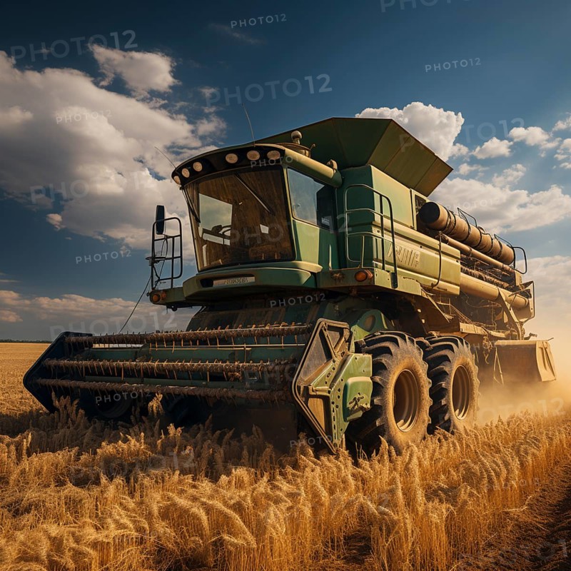 A combine harvester cuts the grain in a field
