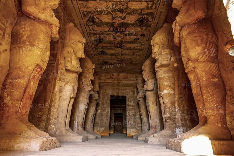 Interior with the sculptures of the pharaohs in the Abu Simbel Temple in southern Egypt in Nubia next to Lake Nasser. Temple of Pharaoh Ramses II