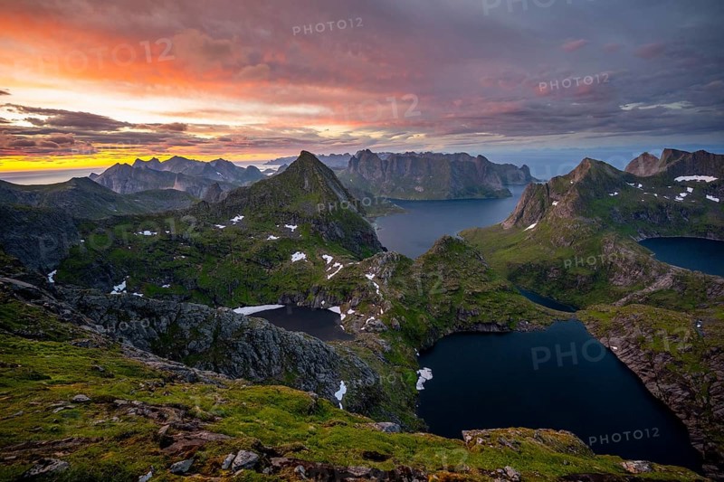 View of mountain landscape with lakes Litlforsvatnet and Tennesvatnet and fjord Forsfjorden