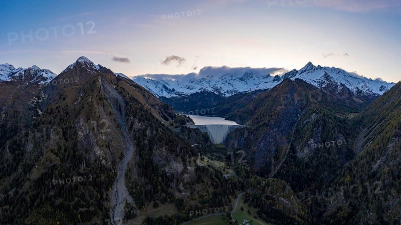 Aerial view of the Lago di Luzzone reservoir with the surrounding mountains in the Valle di Blenio